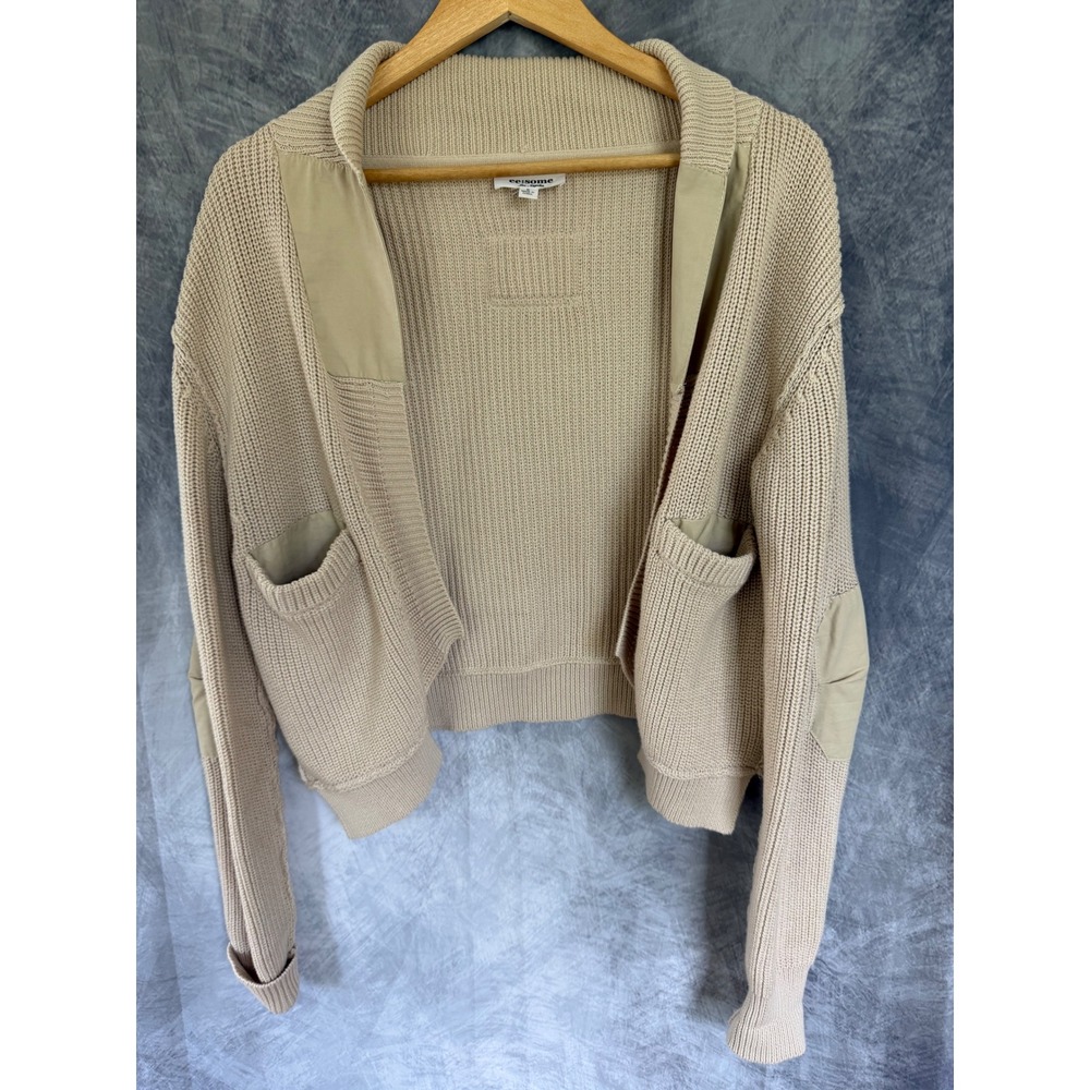 Los Angeles Tan Chunky Cotton‎ Knit Cropped Patch Cardigan Sweater Small